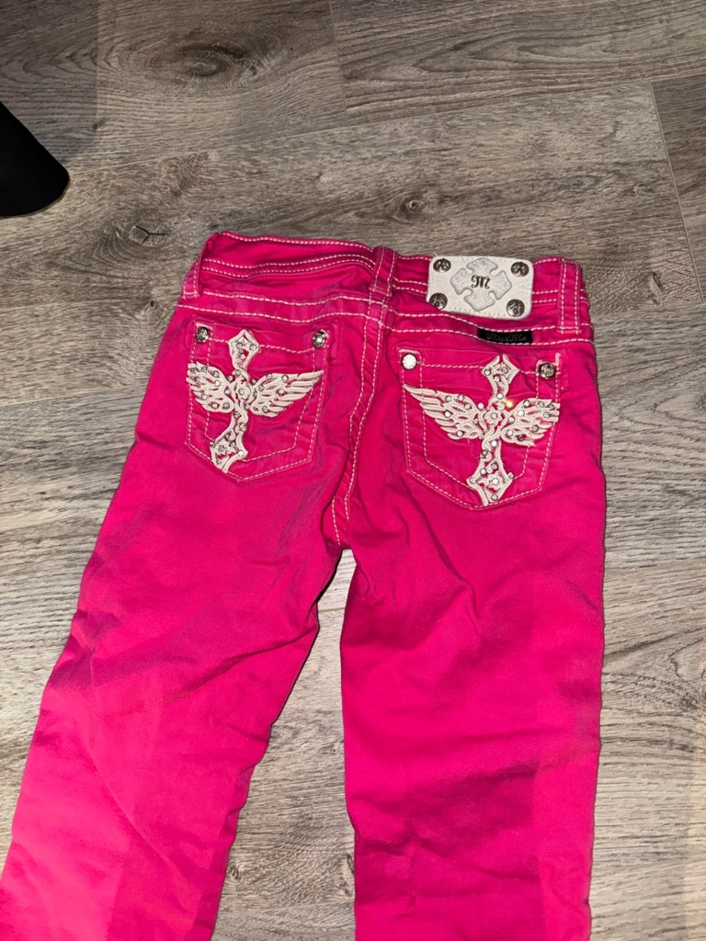 Miss me rare Y2K youth pink capri jeans angel-wing cross with rhinestone